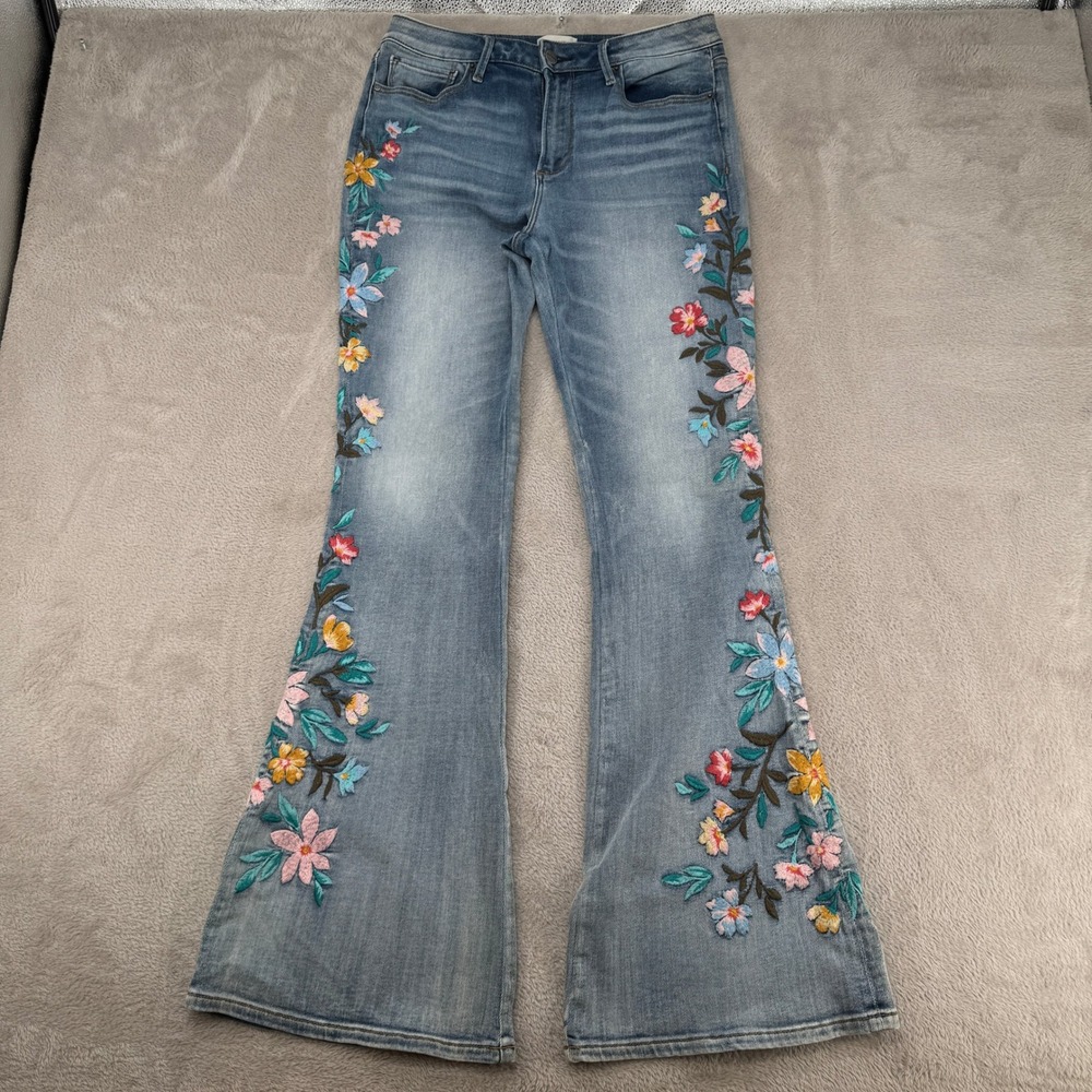 DRIFTWOOD Light Blue Flare Jeans with Multicolor Floral Embroidery
